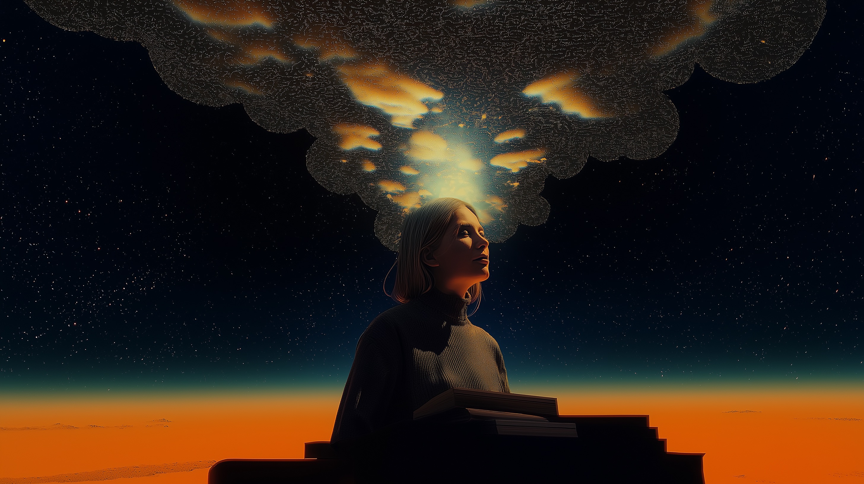 A woman with her mind expanding into the universe as she accumulates knowledge.