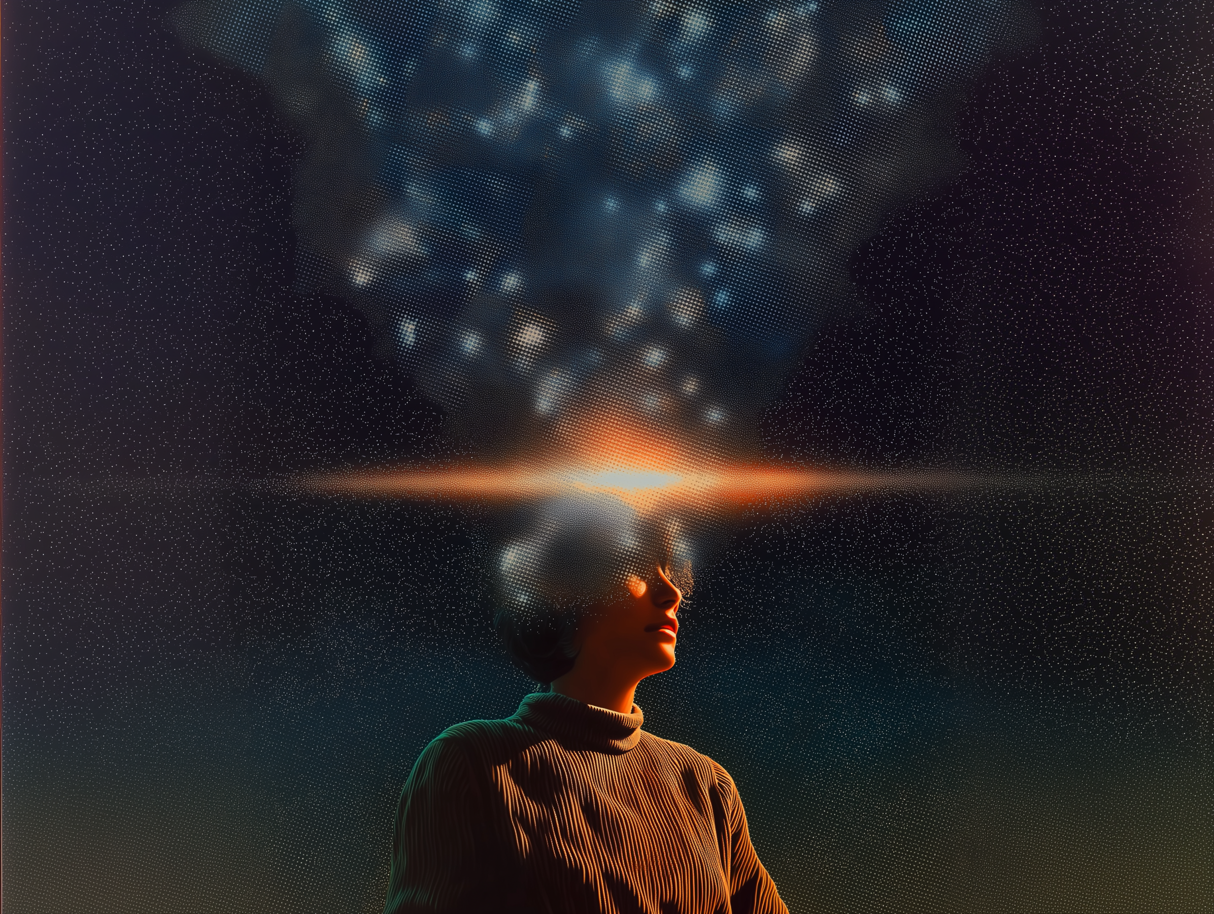 A woman with her mind expanding into the universe as she accumulates knowledge.