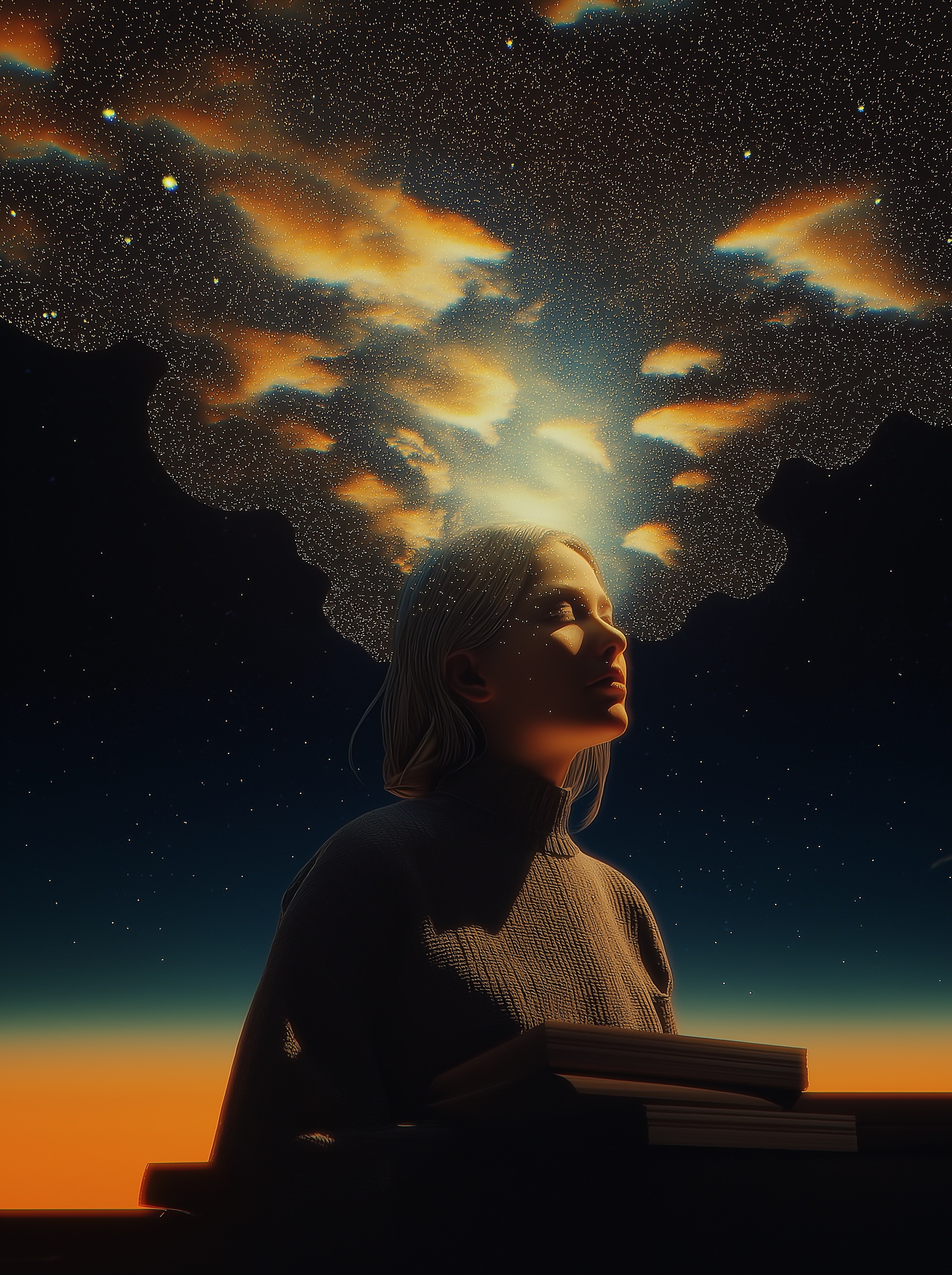 A woman with her mind expanding into the universe as she accumulates knowledge.